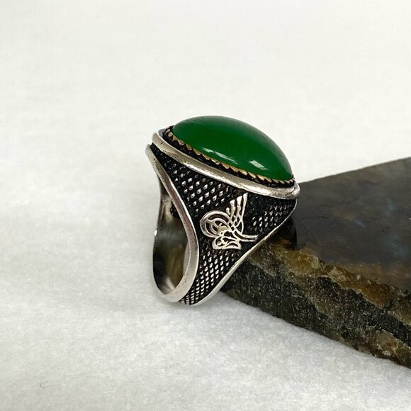 Sterling Silver 925 Green Chalcedony Turkish Ottoman Tughra Unisex Ring Sz 9.25 - Picture 4 of 16